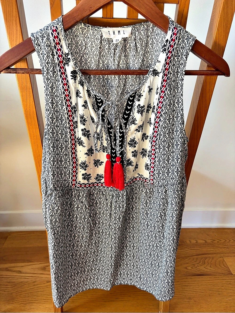 THML Geometric Tassel Tie Blouse Tunic Black & White Size XS